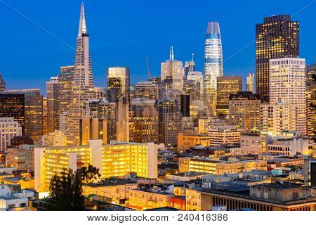 San Francisco downtown skyline Aerial view at sunset from Ina Coolbrith Park Hill in San Francisco, California, USA.