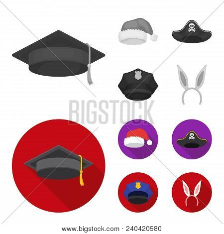 Graduate, Santa, Police, Pirate. Hats Set Collection Icons In Monochrome, Flat Style Vector Symbol S