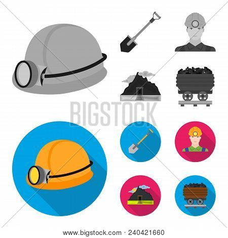 A Shovel, A Miner, An Entrance To A Mine, A Trolley With Coal.mine Set Collection Icons In Monochrom