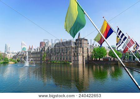 View Of Binnenhof - Dutch Parliament With Netherlands Flags, The Hague, Holland