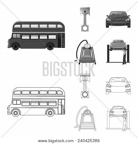 Car On Lift, Piston And Pump Outline, Monochrome Icons In Set Collection For Design.car Maintenance 