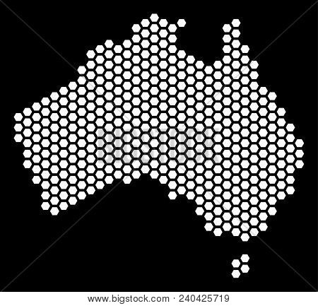 Hex-tile Australia Map. Vector Geographic Plan On A Black Background. Abstract Australia Map Composi