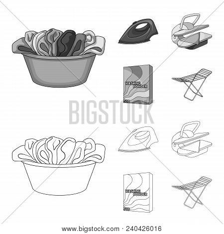 A Bowl With Laundry, Iron, Ironing Press, Washing Powder. Dry Cleaning Set Collection Icons In Outli