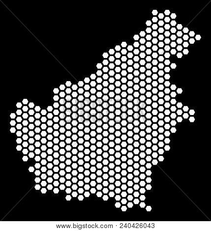 Hexagonal Borneo Island Map. Vector Geographic Scheme On A Black Background. Abstract Borneo Island 