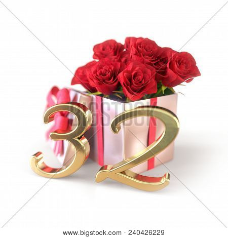 Birthday Concept With Red Roses In Gift Isolated On White Background. 3d Render - Thirty-second Birt