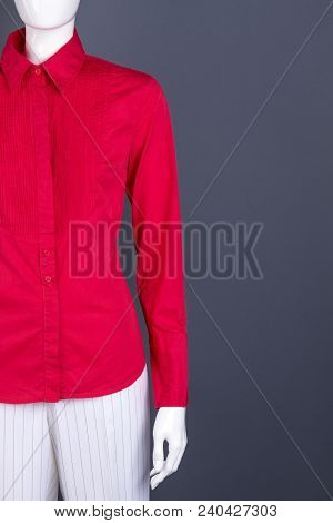 Feminine Fashion Cothes, Copy Space. Female Mannequin Dressed In Colored Long Sleeve Blouse And Whit