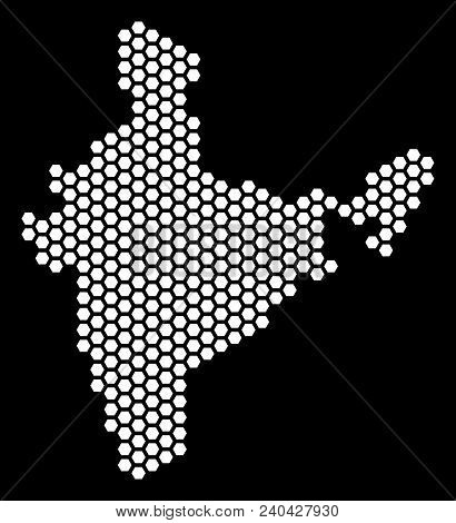 Hexagonal India Map. Vector Geographic Scheme On A Black Background. Abstract India Map Collage Is M