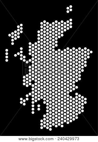 Hex-tile Scotland Map. Vector Territory Scheme On A Black Background. Abstract Scotland Map Composit
