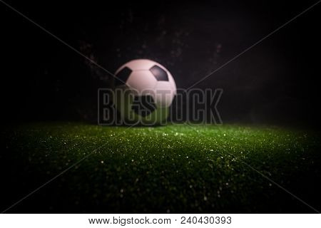 Traditional Soccer Ball On Soccer Field. Close Up View Of Soccer Ball (football) On Green Grass With
