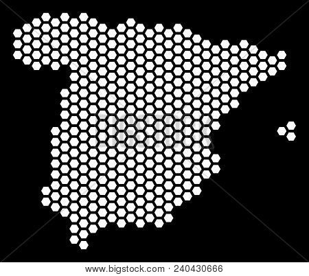 Hex-tile Spain Map. Vector Territorial Scheme On A Black Background. Abstract Spain Map Collage Is D