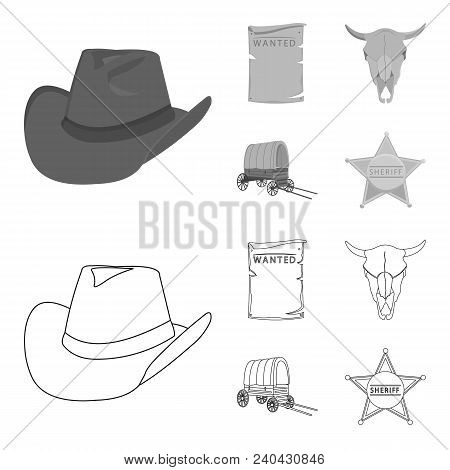 Cowboy Hat, Is Searched, Cart, Bull Skull. Wild West Set Collection Icons In Outline, Monochrome Sty
