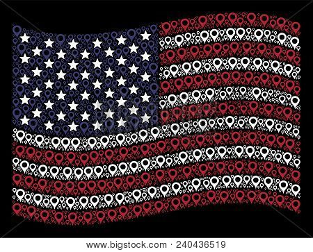 Map Marker Icons Are Composed Into Waving Usa Flag Stylization On A Dark Background. Vector Composit