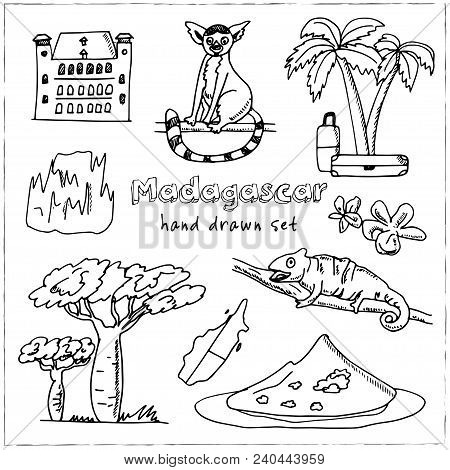 Madagascar Hand Drawn Doodle Set. Sketches. Vector Illustration For Design And Packages Product. Sym