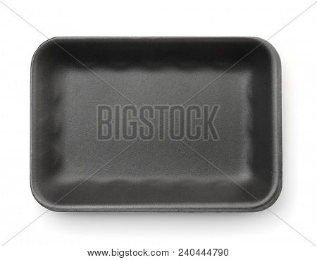 Top view of black empty foam food tray isolated on white