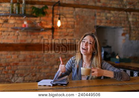 Young Business Woman Went To Cafe After Meeting With Partner, Fair-haired Female Wearing White Blous
