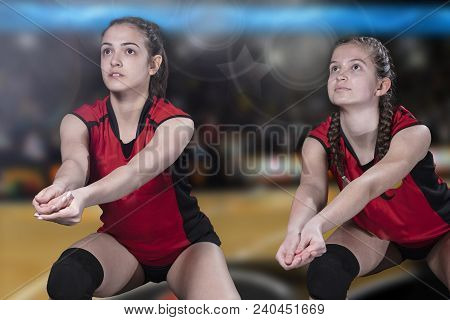 Female Professional Volleyball Player On Volleyball Court.
