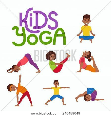 Vector Concept Happy African Kids Exercise Poses And Yoga Asana For Fitness Design With Cute Logo. C