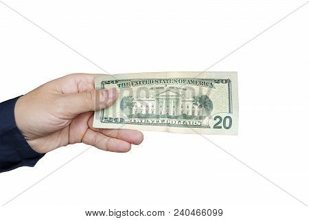 A Hand Holding 20 Dollar Bills. Studio Isolated On A White Background With An Accurate Clipping Path