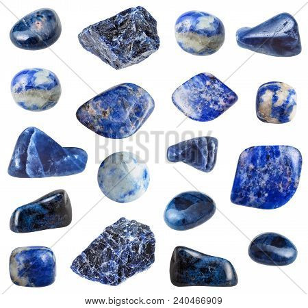 Collection Of Various Blue Sodalite And Dumortierite Gemstones Isolated On White Background