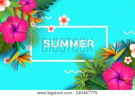 Pink Hibiscus Flower. Tropical Summer. Palm Leaves, Plants, Frangipani - Plumeria In Paper Cut Art. 