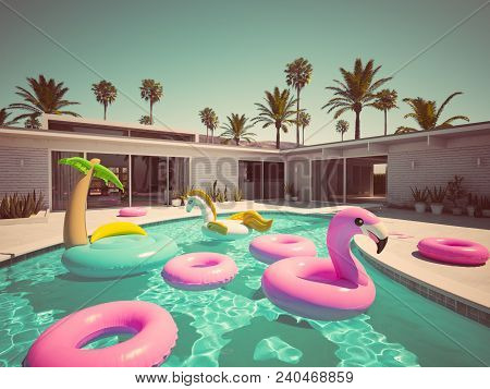 A Lot Of Different Floats In A Pool. 3d Rendering