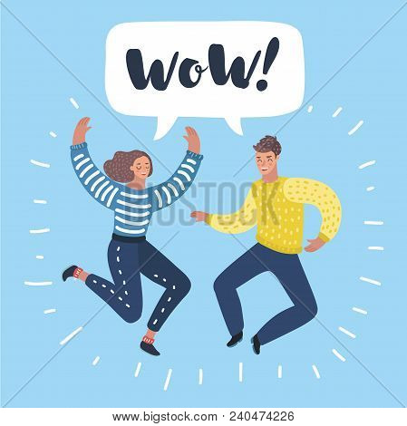Vector Cartoon Illustration Of Jumping Couple. Man And Woman Are Happy Cry. Bubble Speech Above.