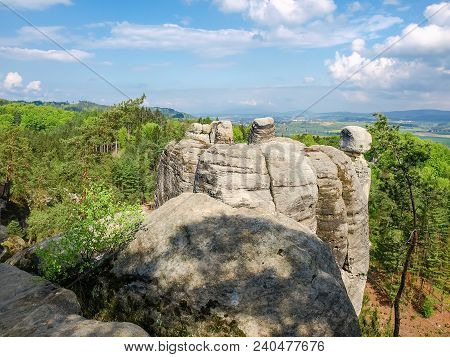 Group Of Weathered Rocks Of Sandstone Among Of The Forest In Reserve Bohemian Paradise In North Of C