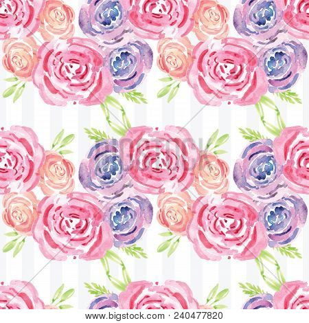 Hand-painted Watercolor Floral Rose Pattern. Illustration Of Decorative Floral Design For Wedding In