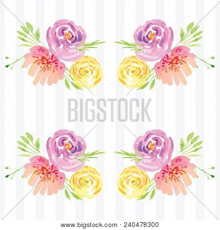 Hand-painted Watercolor Floral Rose Pattern. Illustration Of Decorative Floral Design For Wedding In