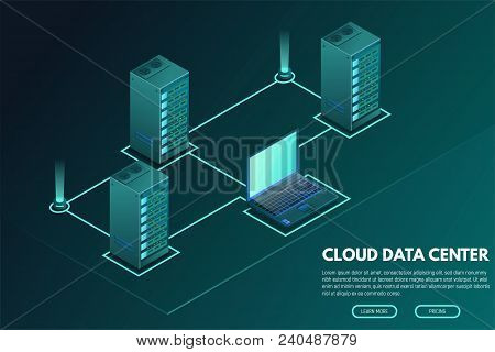 Data Center Banner. Servers Isometric Vector Line Illustration. Cloud Hosting Concept. Internet Tech