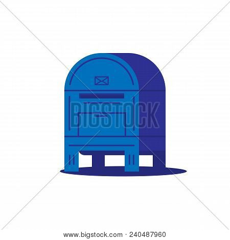 Big Ground Mail Box With Envelope Sign And Shadow. Blue Mail Box Or Postal Service Container. Flat S