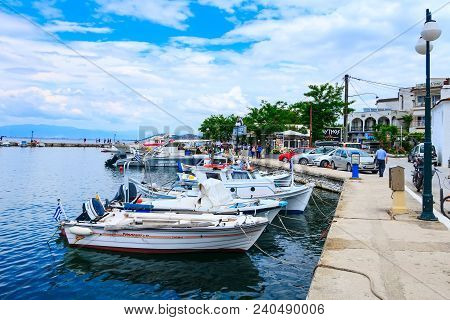 Thassos, Greece - May 5, 2018: Thasos Port With Boats And Promenade View