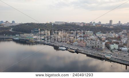 Panoramic view of Kiev historical district Podol with river Dnieper, Kiev, Ukraine