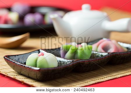 Japanese Traditional Confectionery Cake Wagashi Served On Plate