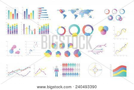 Collection Of Colorful Bar Charts, Pie Diagrams, Linear Graphs, Scatter Plots. Statistical And Finan