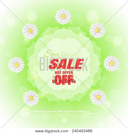 Vector Advertising Poster For Spring Seasonal Sale On The Gradient Green Background With Liefs, Flow