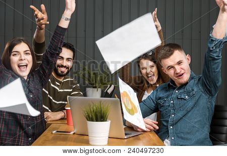 Thrilling Reaction Of It Team To Great Success, Four Young Workers Feeling Really Happy, Indoor Slow