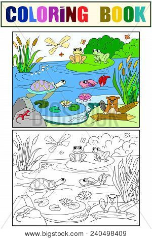 Wetland Landscape With Animals Color And Coloring Book For Adults Vector Illustration. Insect, Frog,