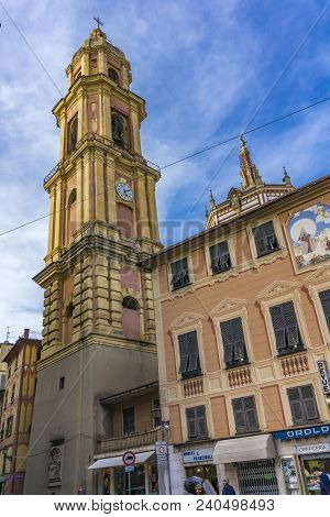 Raopallo, Italy - March 12, 2018: Unidentified People By Basilica Of San Gervasio E Protasio In Rapa