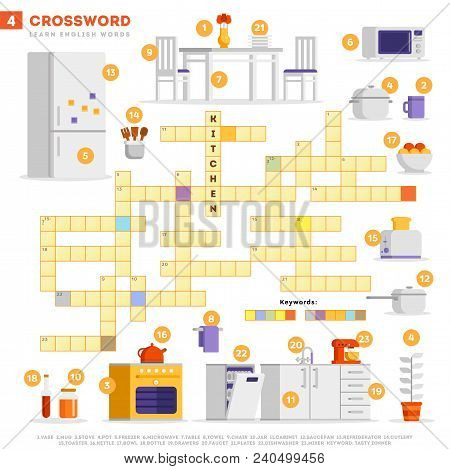 Crossword With Huge Set Of Illustrations And Keyword In Vector Flat Design Isolated On White Backgro