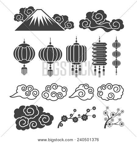 Vintage Asian Element Silhouettes. Traditional Chinese Or Japanese Lamps, Flowers, Clouds. Vector Or