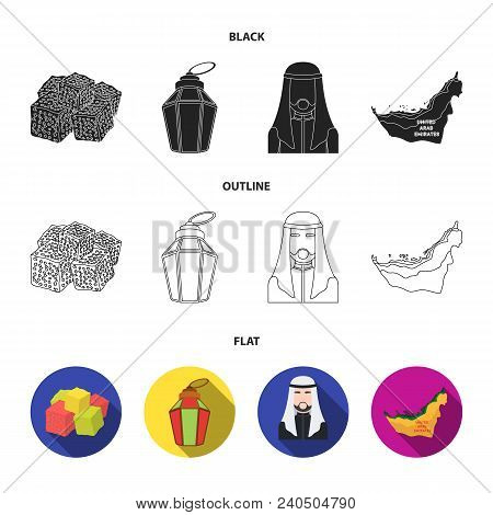 Eastern Sweets, Ramadan Lamp, Arab Sheikh, Territory.arab Emirates Set Collection Icons In Black, Fl