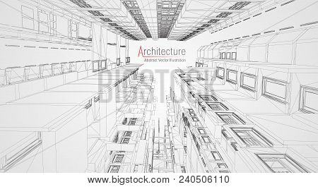 Modern Architecture Wireframe. Concept Of Urban Wireframe. Wireframe Building Illustration Of Archit