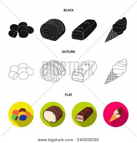 Dragee, Roll, Chocolate Bar, Ice Cream. Chocolate Desserts Set Collection Icons In Black, Flat, Outl