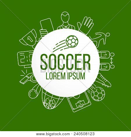 Soccer Background With Round Paper Sheet Design. Contains Such Icons As Stadium, Field, Ball And Mor