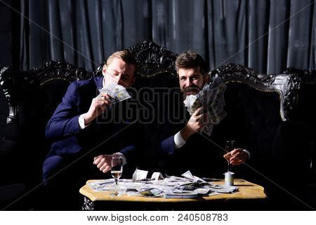 Financial Freedom Achievement Concept. Happy Young Men, Businessmen With Money, Banknotes Celebratin