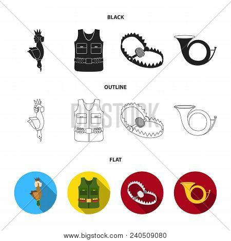 A Trophy In His Hand, A Steel Trap, A Hunting Vest With Patronage, A Horn..hunting Set Collection Ic
