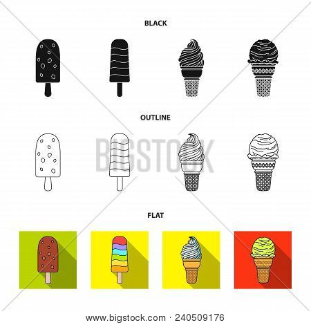 Ice Cream On A Stick, In A Waffle Cone And Other Species. Ice Cream Set Collection Icons In Black, F