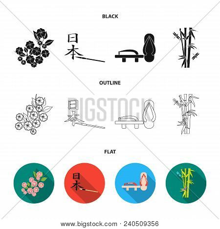 Geta, Sakura Flowers, Bamboo, Hieroglyph.japan Set Collection Icons In Black, Flat, Outline Style Ve