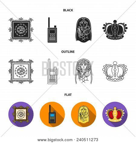 Picture, Sarcophagus Of The Pharaoh, Walkie-talkie, Crown. Museum Set Collection Icons In Black, Fla